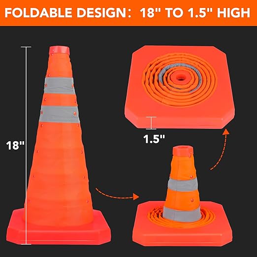 TENKAIWICK 18 Inch 10 Pack Traffic Cones, Collapsible Safety Cones, Multi Purpose Pop-up Cones with Reflective Collar, Orange Cones for Parking lot, Driveway, Driving Training etc