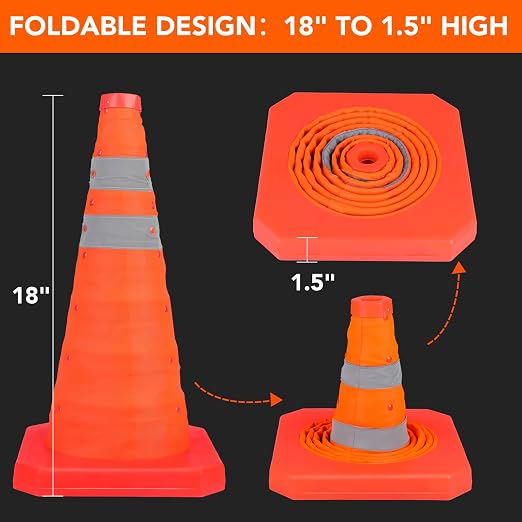 TENKAIWICK 18 Inch 3 Pack Traffic Cones, Collapsible Safety Cones, Multi Purpose Pop-up Cones with Reflective Collar, Orange Cones for Parking lot, Driveway, Driving Training etc