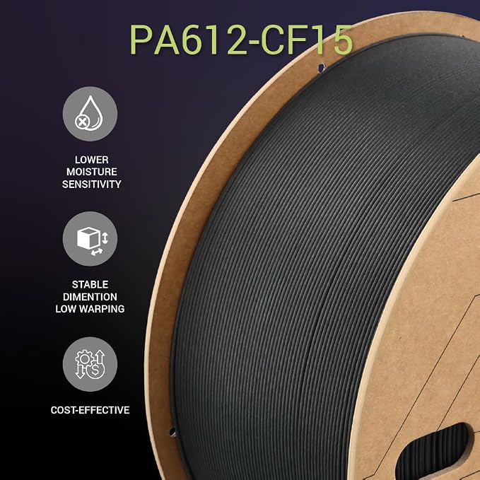 Polymaker Fiberon PA612-CF15 Carbon Fiber Nylon Filament 1.75mm Black 3kg, Fiberon PA612-CF15 Strong & Low Moisture Sensitive Nylon 1.75mm 3D Printing Filament