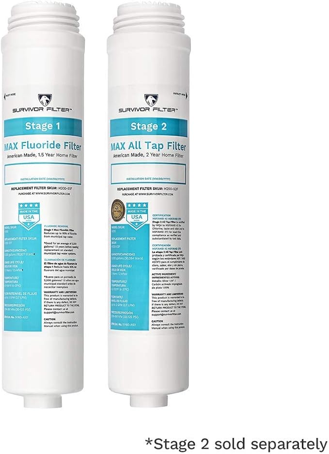 Survivor Filter Max, Stage 1 Fluoride, Under Sink Water Filter Replacement | Reduces Fluoride, Municipal Tap Water, Water Filter for Sink Faucet, Easy Installation, Made in USA