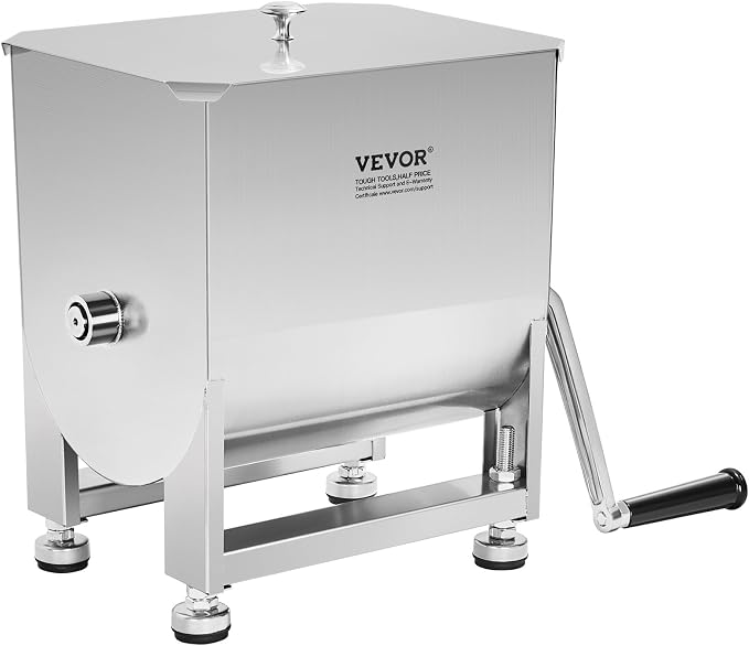 VEVOR Manual Meat Mixer, 10L Fixed Tank – Heavy Duty Stainless Steel Hand Mixer for Ground Beef & Sausage, Max 15lb Mixing Meat Capacity, with Lid Handle
