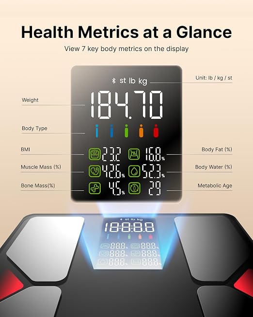 FITINDEX Smart Scale with BMI, Body Fat, Muscle Mass, Scale for Body Weight and Fat Percentage, High Accurate Bluetooth Scale with Large Display, 13 Body Composition Analyzer Sync APP, 500lbs, 11.8"