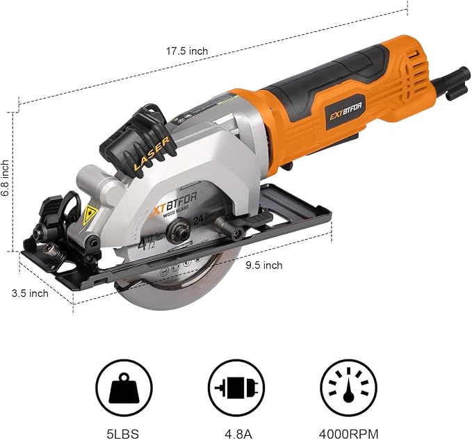 4.8A Power Circular Saw Corded,4000RPM Laser Guide 45° Max Angle Adjustment | Mini Circular Saw Maximum Cutting 1-11/16" at 90° and 1-1/8"at 45° for Wood, Soft Metal, Plastic