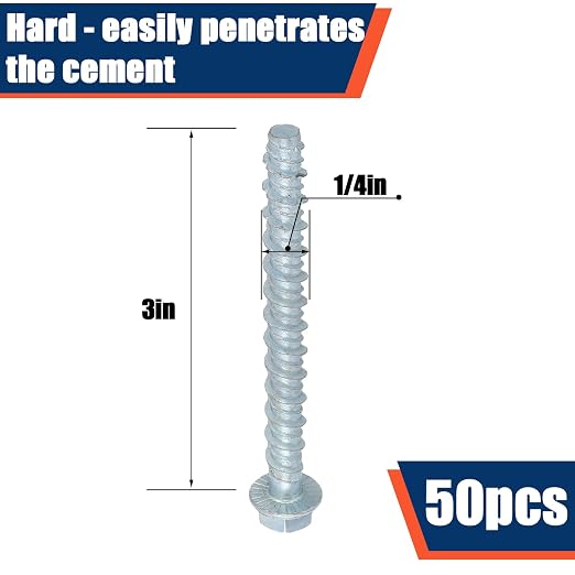 Tandefio 50 Pack 1/4" x 3" Concrete Screw Anchor Galvanized Large Diameter Heavy Duty Plated Concrete Anchors for Masonry Brick Anchoring Block Decking Framing Hex Drive
