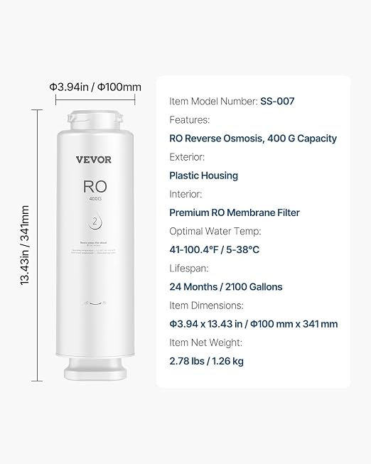 VEVOR Reverse Osmosis Filter, 9-Layers RO Water Filter Replacement, Compatible with SS-001 400GPD Under Sink Water Filter, 24 Months Reverse Osmosis Filter Cartridge, Reduces Lead, Chlorine, Rust
