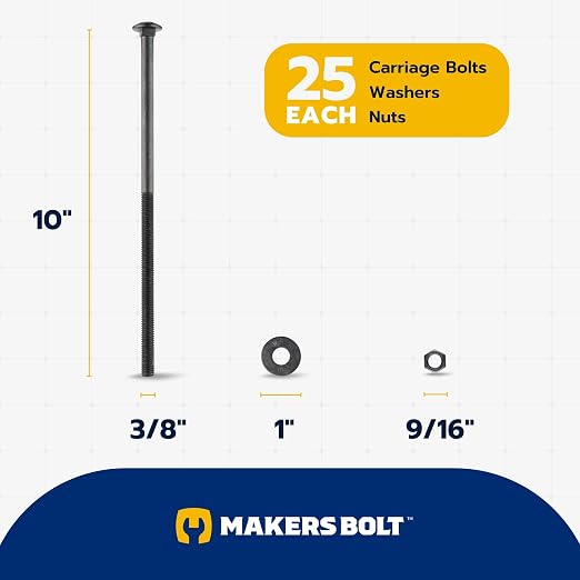 3/8" x 10" (25 Pack) Black Carriage Bolt Kit, Grade 307A, Ceramic Coated for Exterior Use, 2X Rust Resistance of Galvanized by Makers Bolt