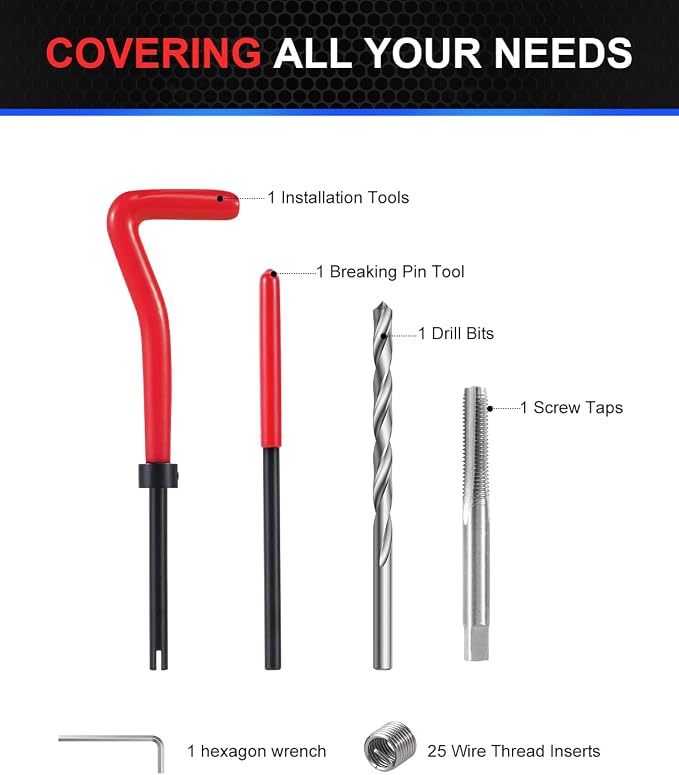 Kolvoii M6×1.0 Helicoil Thread Repair Kit, Metric M6 Helicoil kit with HSS Drill Bit, Tap & Stainless Steel Inserts for Automotive & Motorcycle Stripped Bolt Repair