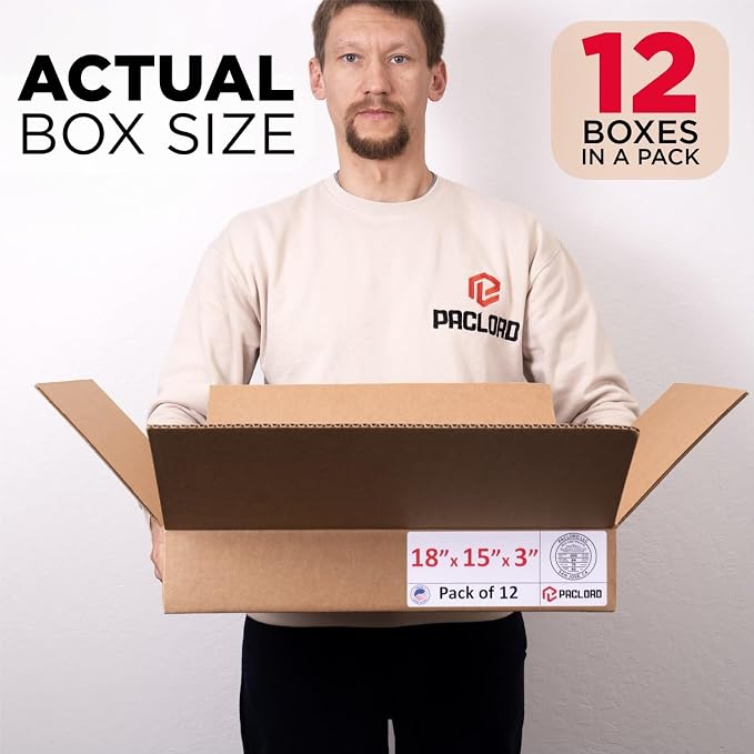 Flat Cardboard Boxes 18"L x 15"W x 3"H (Pack of 12) - USA-Made Packing Boxes for Moving, Shipping, or Storage - USPS, UPS, FedEx Approved - Professional Packing Supplies for Moving | USA-Made Packing Boxes for Moving, Shipping, or Storage - USPS, UPS, ...
