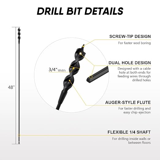 HUAALIUCHE 48" Flexible Installer Drill Bit for Pulling Wires in Walls, Ceilings, and Sidewalks, 3/4" Auger with Screw Point & Fish Eye, 1/4" 3-Flat Shank for Wood & Conduits, with Storage Tube