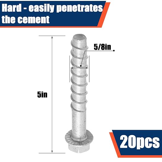 Tandefio 20 Pack 5/8" x 5" Concrete Screw Anchor Galvanized Large Diameter Heavy Duty Plated Concrete Anchors for Masonry Brick Anchoring Block Decking Framing Hex Drive