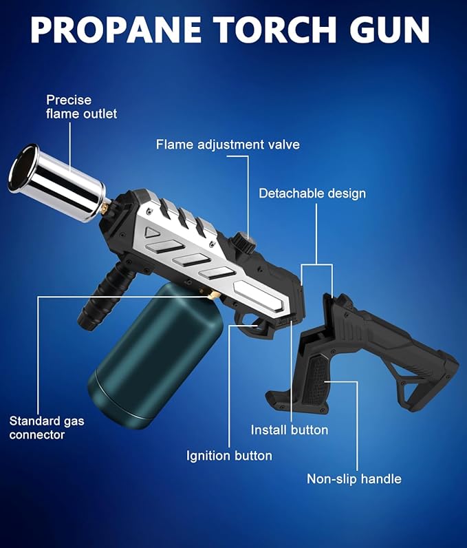 Powerful Propane Torch with Detachable Design, Kitchen Blow Torch Gun with Adjustable Flame, Torch Burner Flamethrower for BBQ, Charcoal Lighter, Campfire, Weeding (Tank Not Included)