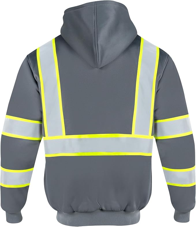 VENDACE Men's ANSI Class 3 High Vis Safety Reflective Sweatshirt Wool Fleece Zipper Jacket Hoodie (Grey,2XL)