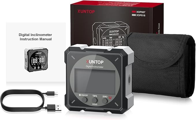 XUNTOP USB Charging Digital Level Box Angle Finder with Laser (Class 2 Laser, <1mW), 4-Side Magnetic Angle Gauge IP54 Waterproof Inclinometer Level, Saving time and Effort Hanging Decorations-Black