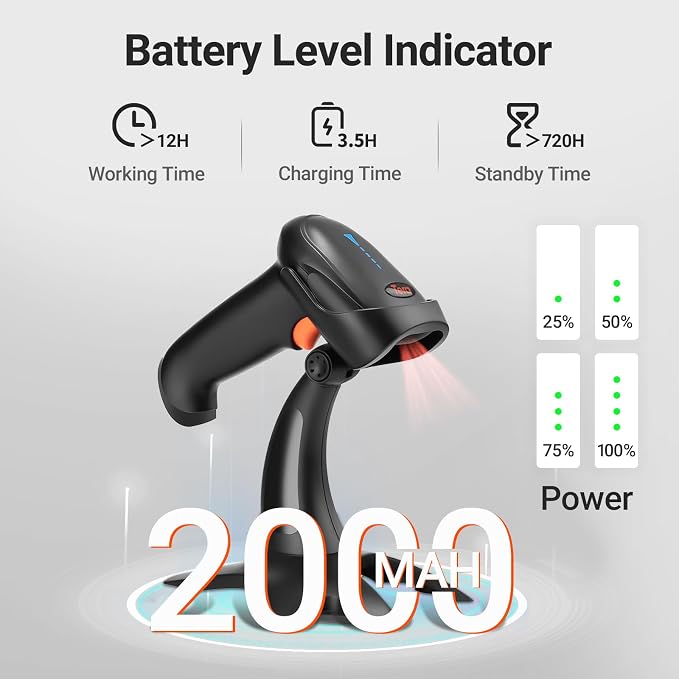 Tera Barcode Scanner Wireless 1D 2D QR with Stand: Battery Level Indicator 3 in 1 Works with Bluetooth 2.4G Wireless USB Wired Handheld Bar Code Reader with Vibration Alert HW0002 Black