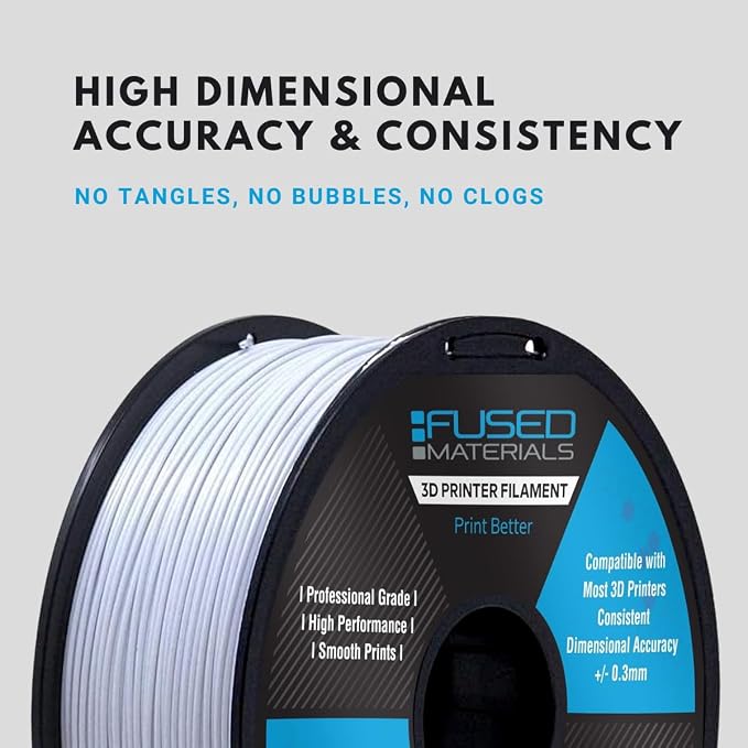 Fused Materials White PLA 3D Printer Filament - 1kg Spool, 1.75mm, Dimensional Accuracy +/- 0.03 mm, (White)