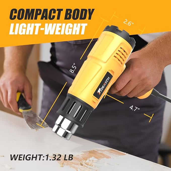 Heat Gun, 1800W Fast Heating with Dual Temp (572°F & 1202°F), Compact Heavy-Duty Design, Rear-Mounted Switch for Steady Operation, Includes 4 Nozzles for Shrink Tubing, Vinyl Wrapping, Crafts
