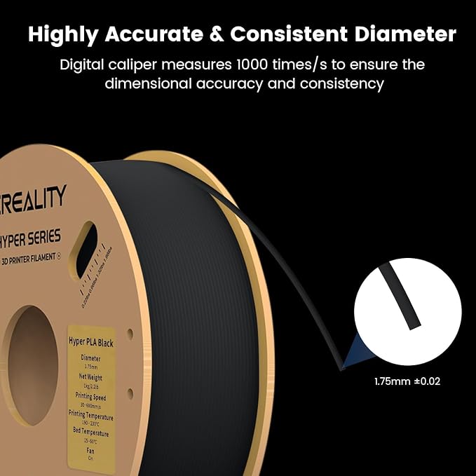 Creality Hyper 3D Printer PLA Black Filament High Speed Printing 1.75mm 2.2lbs Spool ±0.03mm Dimensional Accuracy Flow Durable Resistant Smooth for Ender 3 v3 Plus KE K1 Max K1C 3D Printers