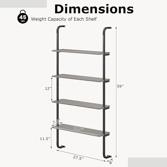 Giantex 4-Tier Industrial Bookshelf, Wall Mounted Pipe Shelving Unit, Floating Shelves with Metal Frame, Hanging Wall Display Shelf, Wood Ladder Bookshelf for Living Room, Kitchen,Gray Oak