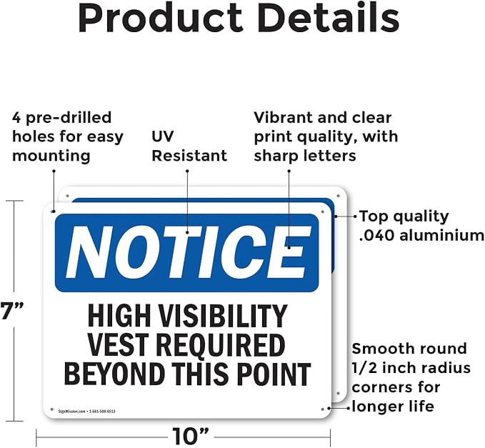 (2 Pack) High Visibility Vests Required Beyond This Point OSHA Notice Sign 10 Inch X 7 Inch Indoor/Outdoor Rust-Free Aluminum Metal Signs for Workplace, Workshop, and Construction Site