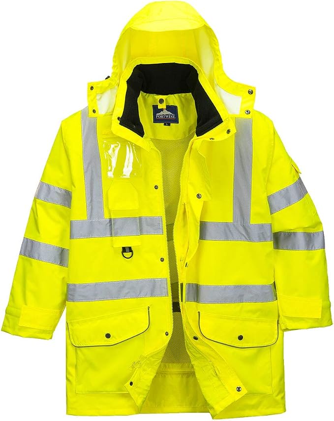 Portwest Hi-Vis 7in1 Jacket Viz Insulated Safety Visability Work Bomber Rain ANSI 3, 5XL Yellow