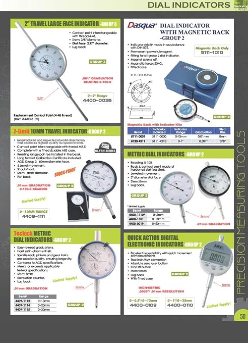 HHIP 4400-0012 Pro Series AGD Group 2" Dial Indicator, .001" Graduation, 0-100 Reading, 0-1" Range