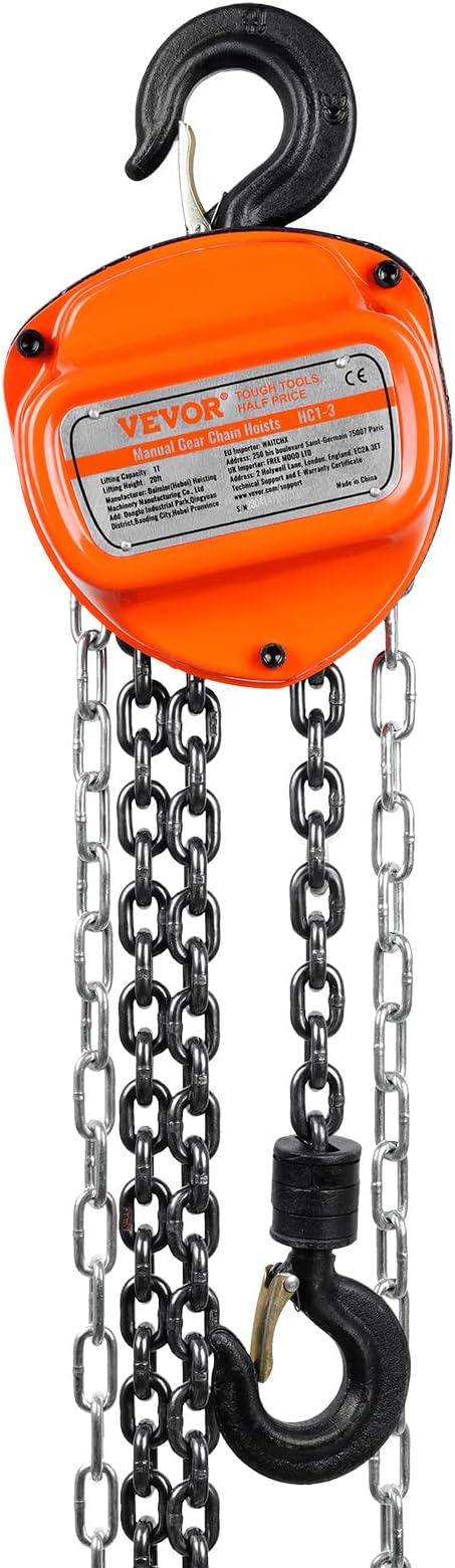 VEVOR Hand Chain Hoist, 1 Ton 2200 lbs Capacity 20 FT Come Along, G80 Galvanized Carbon Steel with Double-Pawl Brake, Auto Chain Leading & 360° Rotation Hook, for Garage Factory Dock