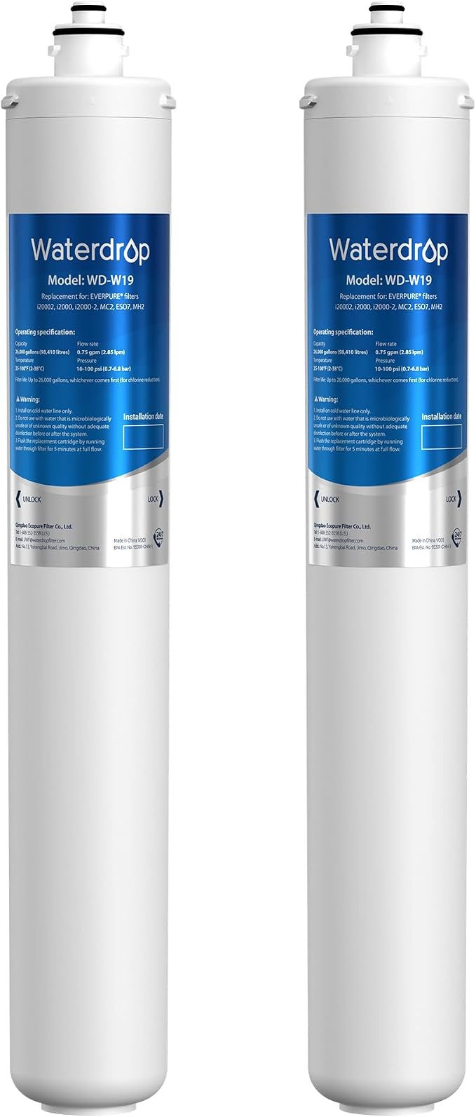 Waterdrop I2000 2 Under Sink Water Filter, Replacement for Pentair® Everpure I2000 2, EV9612-22, MC2, ESO7, MH2, EV9612-56, EV9607-25, EV9613-21, NSF/ANSI 42 Certified, 26000 Gallons, 2 Pack