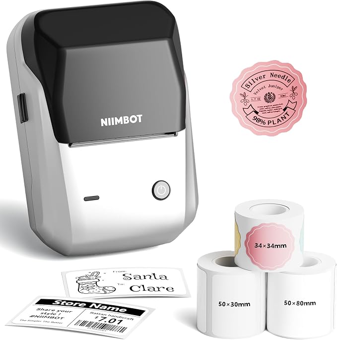 NIIMBOT 2Inch Label Maker Machine with 3 Tape, B1 Portable Sticker Printer for Small Businesses, Clothing, Logo, Jar, Address, Compatible with Phones & PC, Silver Gray