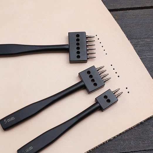 2/4/6 Prong Punch Nylon Head Leather Hammer, Black Leather Prong Punch Tool Leather Craft Carving Hammer, 5mm Lacing Stitching Punch, Round Hole Prong Lacing Stitching Punch for Leather Craft
