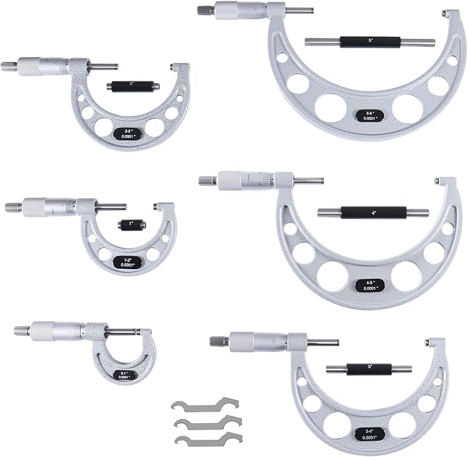 Accusize Industrial Tools 0-6 inch by 0.0001'' Ultra-Precision Outside Micrometers with Carbide Tips 6 Pc Set, Eg00-0906 | 0-6 in x 0.0001" Ultra-Precision M-Type, Carbide Tipped, with Standards