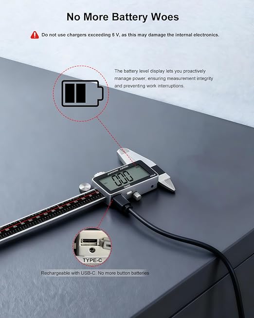 Digital Caliper 12 Inch, ±0.001" High Precision, Rechargeable & IP54 Calipers Measuring Tool, Stainless Steel Vernier Caliper 300mm with Large LCD, MM/Inch/F, Rubber Grip for 3D Printing, Machine Shop