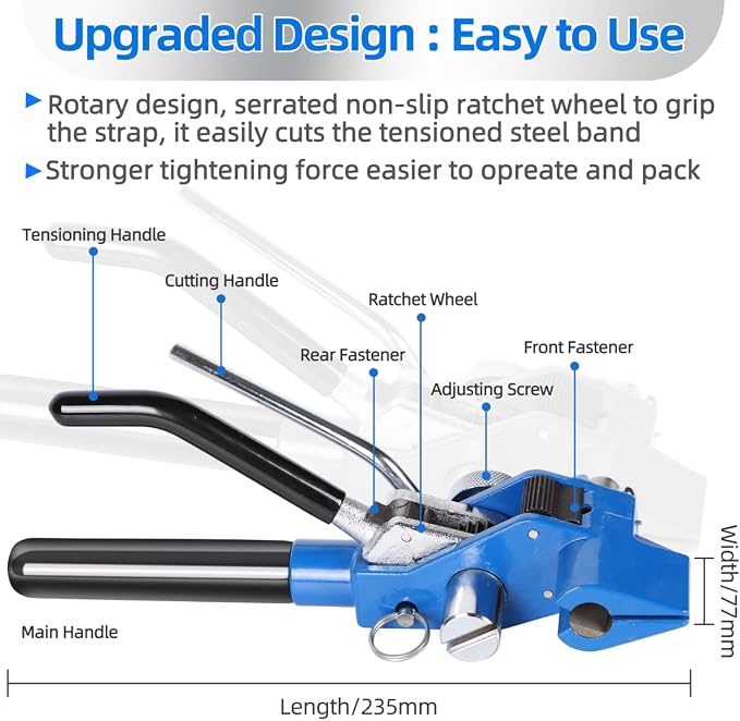 Steel Strapping Banding Kit, Heavy Duty Banding Tensioner & Cutting Tool for 3/4'' Width 100Feet Length 304 Stainless Steel Band Coil, 100pcs Steel Ear-Lokt Buckle