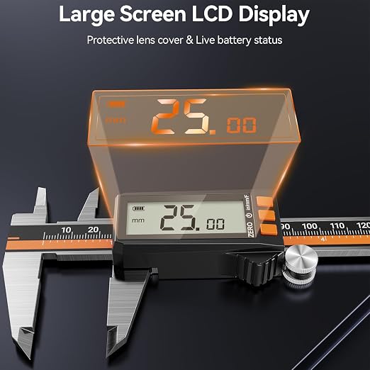 Preciva Digital Caliper 6", Rechargeable Stainless Steel Micrometer | Type-C charging, durable steel body, large LCD with auto-off saves power, in/mm/frac, for 3D-printing machining woodworking