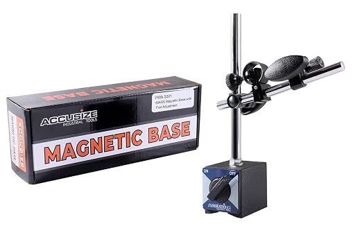 Accusize Industrial Tools 110 lbs Magnetic Base for Industrial Precision Indicators, with Fine Adjustment in Strong Cardboard Box, P900-S301 | On/Off Switch, V-Groove Bottom, M8 x 1.25 mm Tapped Hole, 2.28" x 1.96" x 2.16"