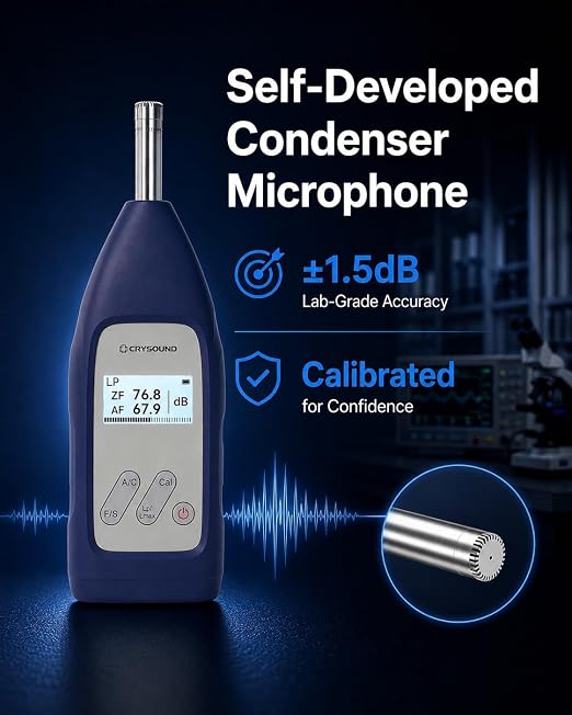 CRY2831 Class 2 Sound Level Meter with Calibration Certificate, 29-138 dB Professional Sound Meter, DC & Battery Powered Noise Meter for Industrial, Environmental, Workplace Noise Measurement | 20Hz-12.5kHz, A/C/Z Weighted, F/S Weighting