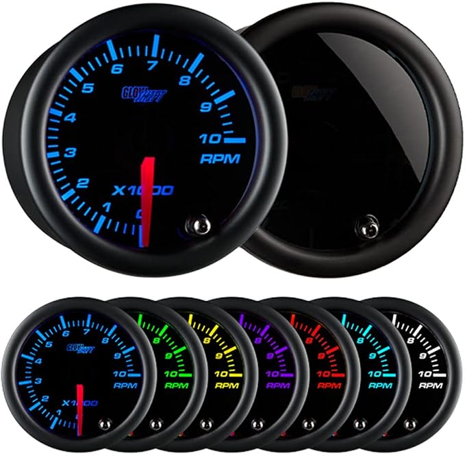 GlowShift Tinted 7 Color 10,000 RPM Tachometer Tach Gauge - for 1-10 Cylinder Gas Powered Vehicle Engines - Includes Wiring - Multi-Color Display - Black Dial - Smoked Lens - 2-1/16" 52mm