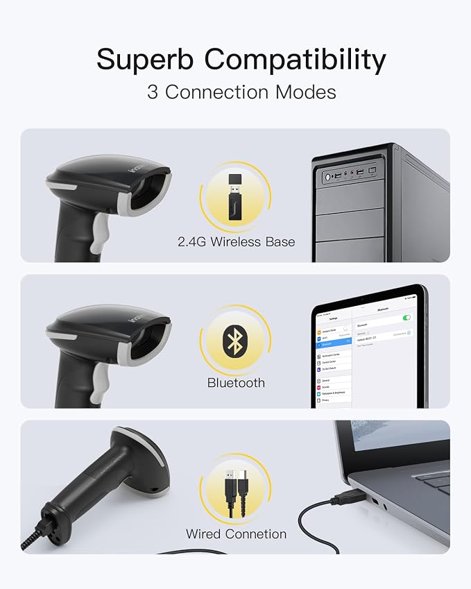 Inateck 2D Barcode Scanner, Wireless Bluetooth QR Barcode Scanner, Handheld Scanner with APP and SDK, 1 Charge for 3 Months, BCST-23 Gray
