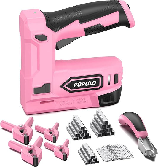 POPULO Pink Cordless Staple Gun, 2-in-1 Nail Gun Battery Powered with 2600Pcs Staples and Nails, 4V Brad Nailer Tacker Electric Stapler for Upholstery, Material Repair, Carpentry, Wood, DIY