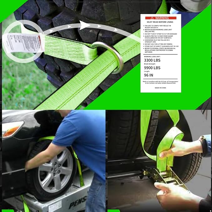 (4 Pack) Heavy Duty Tire Straps for Car Trailer - 2" x 96" - 3,300 lbs Safe Working Load - Wheel Straps for Hauling Cars-Ideal for Securely Transporting Vehicles