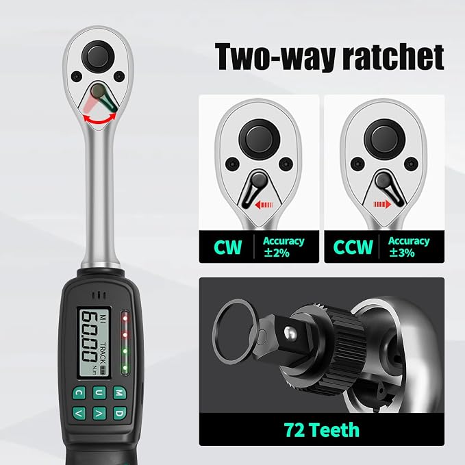 3/8" Digital Torque Wrench 1.33-44.25 ft-lb/1.8-60 Nm, ±2% Accuracy, LED & Buzzer Alerts, 4 Units, Industrial CR-V Steel, Calibration Report & Protective Case for Car, Motorcycle, Bike Repair