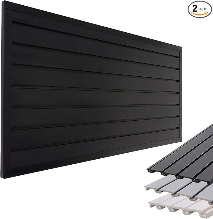 FRAYSCENT Slat Wall Paneling Garage Wall Organizer, Slatwall Panels Garage Tool Organizer Wall Mount Garage Slat Wall Storage Systems, Slat Board PVC Wall Panels Garage Storage (Black, 4ftx2ft)