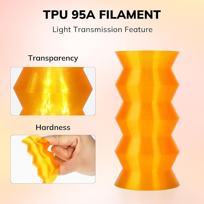 AMOLEN 95A TPU 3D Printer Filament 1.75mm, High Hardness & Resilience TPU Transparent Orange Filament, 1KG Flexible 3D Filament, Dimensional Accuracy +/- 0.02mm, Suitable for Most FDM 3D Printers