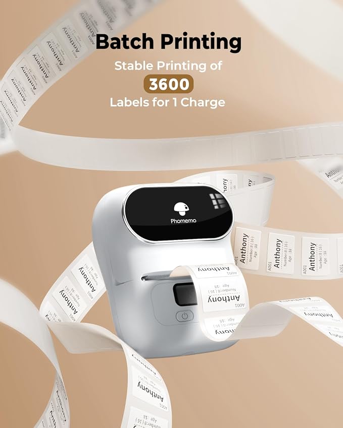 Phomemo Label Printer M110 Upgraded Label Maker Bluetooth No Ink Portable for Small Business, Address, Office, Home for Phone; for PC/Mac(USB), with 100 Labels, White
