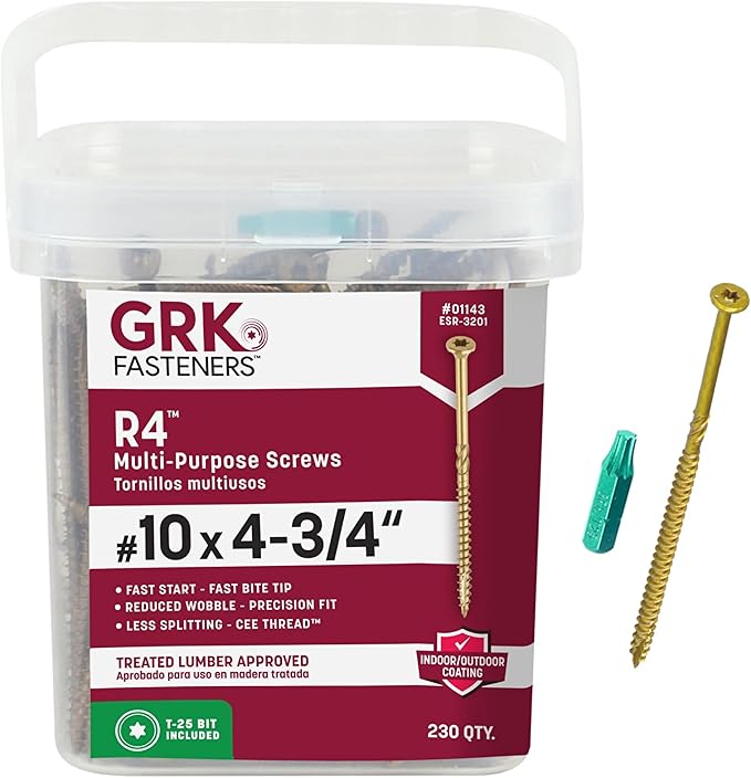 GRK Fasteners R4™ #10 x 4-3/4 Inch, Multi-Purpose Framing Screws, 230 PCS, Rust Resistant Climatek™ Coating, Outdoor Fencing and Deck Screws, Fast Bite Tip, Star Drive Recess, T-25 Bit Included, Gold