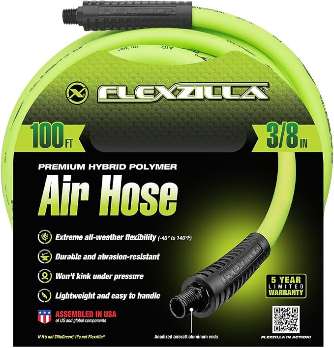 Flexzilla Air Compressor Hose, 3/8 in. x 100 ft., 1/4 in. MNPT Fittings, No-Kink, All Weather, Lightweight, Premium Hybrid Polymer, 300 PSI, ZillaGreen