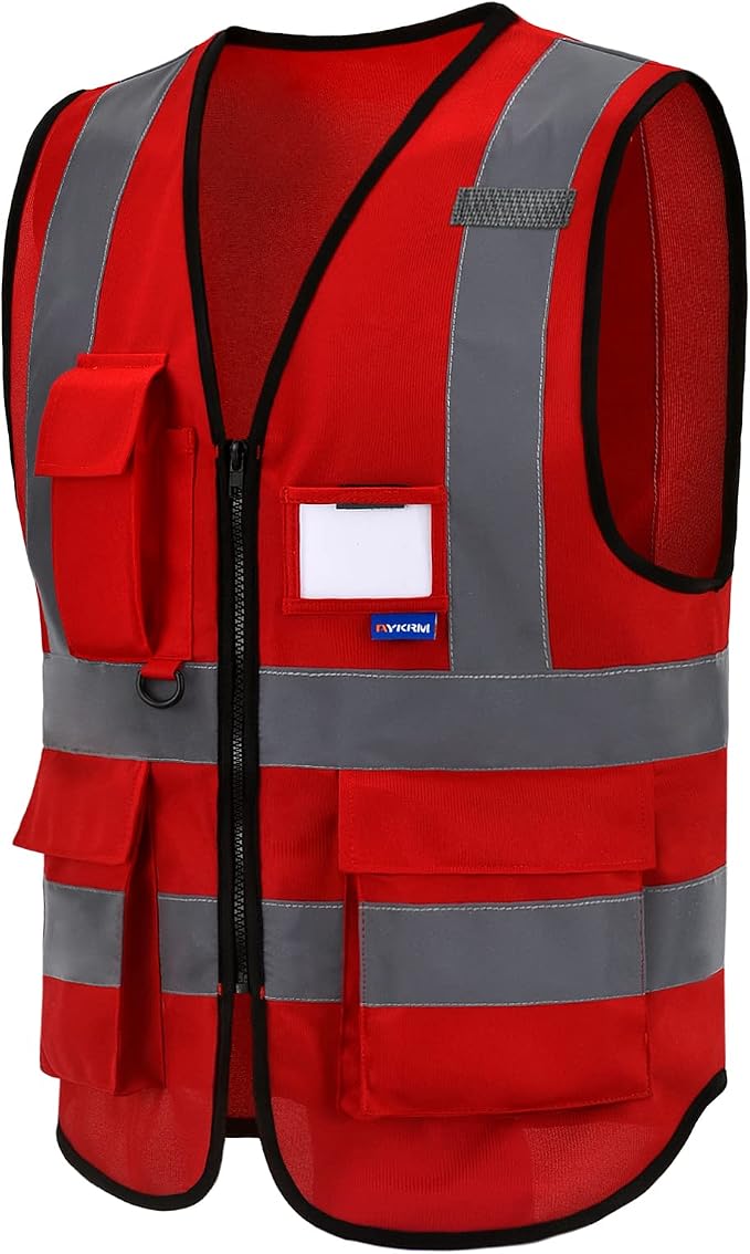red security vest | Red M safety vest with clear ID pocket, radio mic loop and reflective strips for first responders and site safety teams.