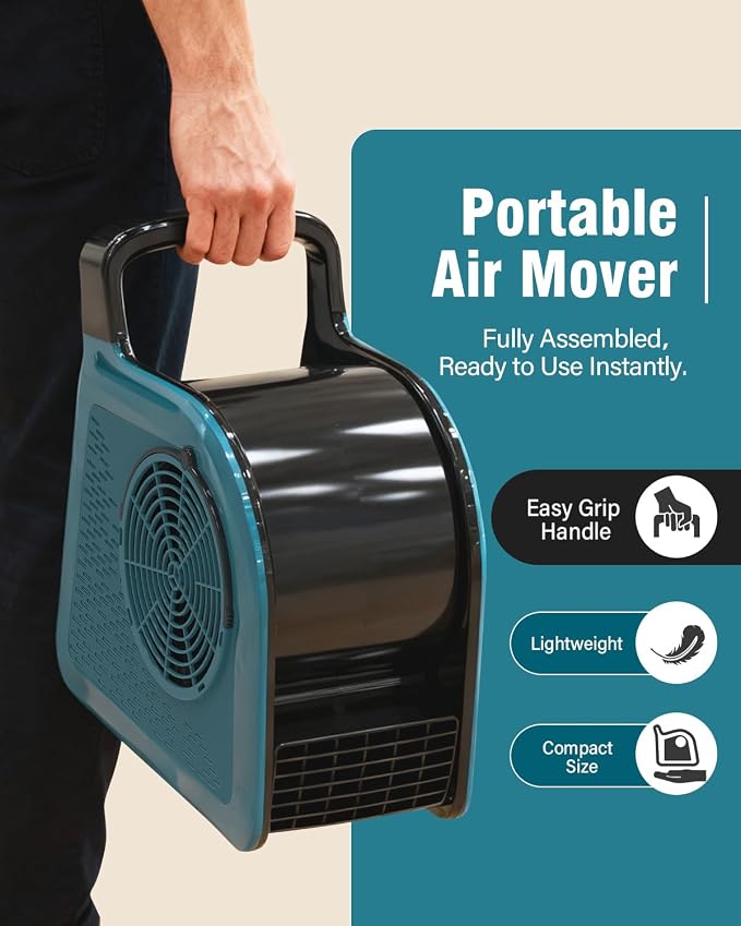 Portable Blower Fan for Home: High Velocity Floor Fans for Cooling and Drying - Air Mover with 185° Rotating for Bedroom, Garage, Shop and Gym, 3 Speeds Utility Fan with 2 AC Outlets, Blue