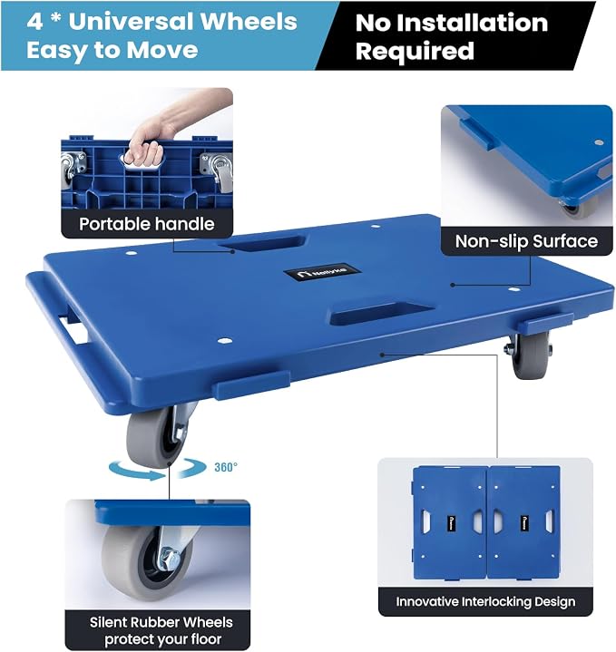 Nellyke Furniture Dolly, 2 Pack Dollies with Wheels,16'' X10'' Small Flat Dolly with 500LBS Large Capacity, Furniture Movers with Wheels Heavy Duty, Connectable and Portable, Blue