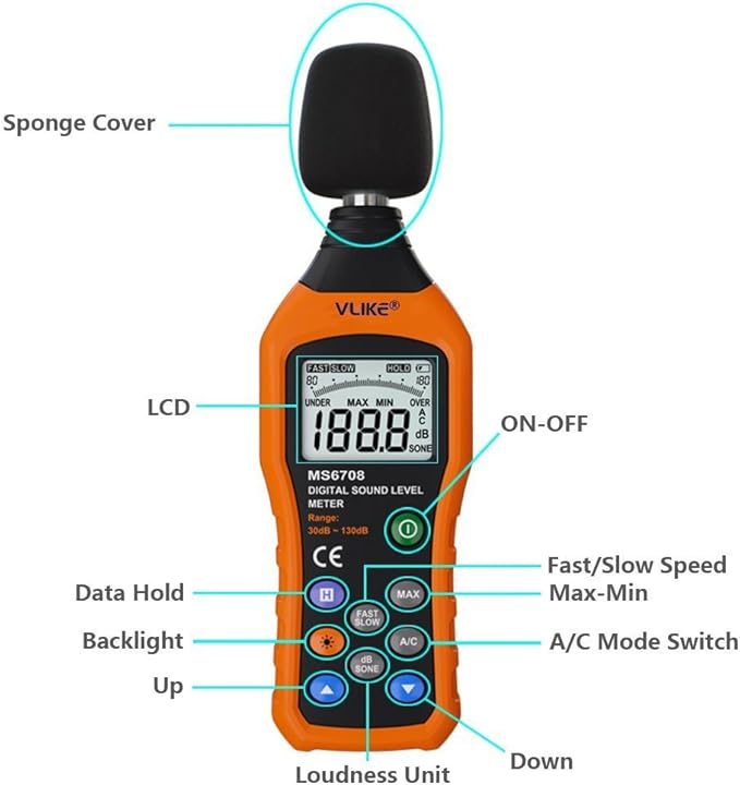 VLIKE LCD Digital Audio Decibel Meter Sound Level Meter Noise Level Meter Sound Monitor dB Meter Noise Measurement Measuring 30 dB to 130 dB A/C Mode (Batteries Not Include)
