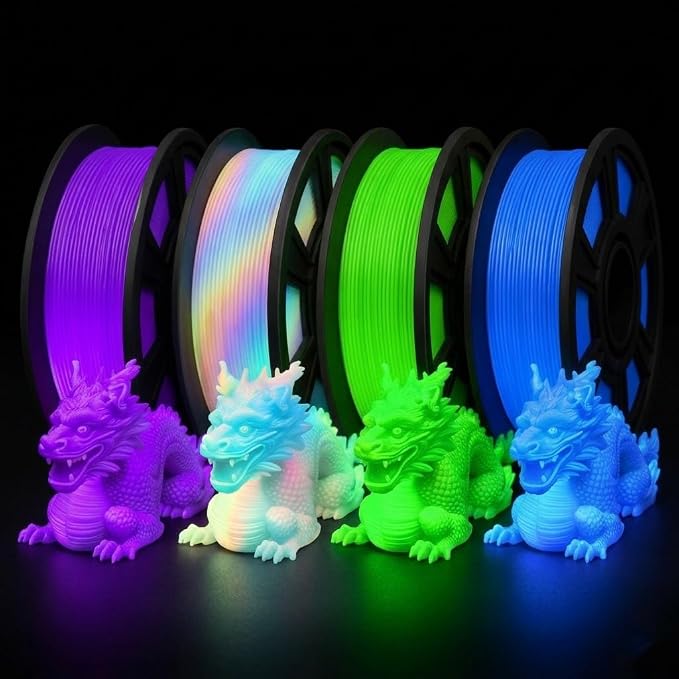 3D Printer Filament Bundle, Glow in The Dark Filament Multicolor, Green, Blue, Purple and Rainbow, PLA Filament 1.75 mm, Dimensional Accuracy +/- 0.03 mm, 250g X 4 Pack